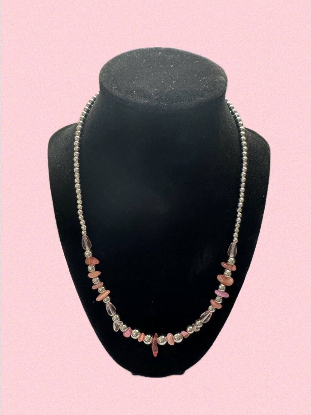 Fashion Jewelry Silver Beaded Necklace with Pink Coral and Clear Glass